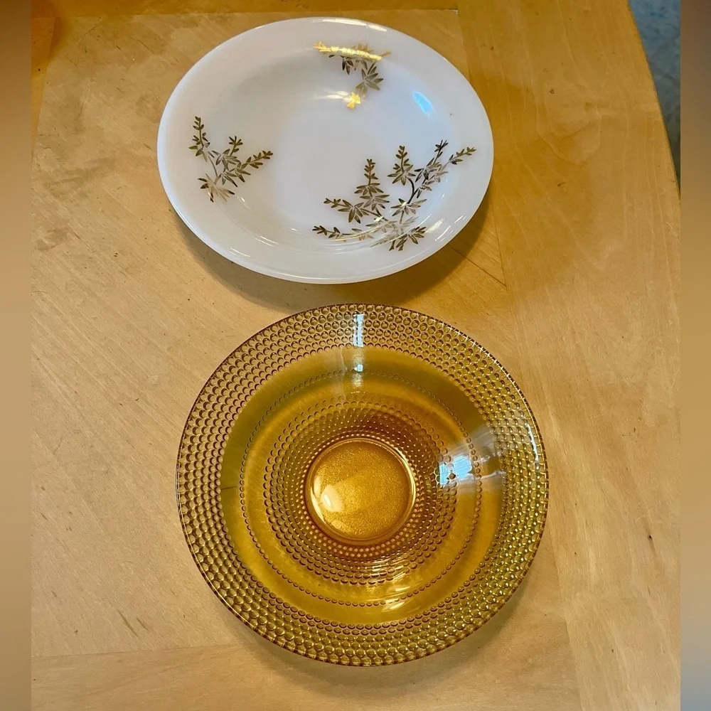 Beautiful Vintage Amber Glass Beaded Bowl and Federal White Milk Glass Bowl Set